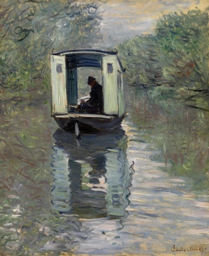 Gemälde eines Bootes mit einer sitzenden Person auf einem von Bäumen umgebenen Fluss.